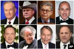 Combination of photos shows, top row L-R: Broadcaster Bill O'Reilly, U.S. Senate candidate Roy Moore, U.S. Sen. Al Franken, D-Minn., and broadcaster Matt Lauer. Bottom row L-R: Actor Kevin Spacey, conductor James Levine, broadcaster Charlie Rose and film producer Harvey Weinstein.