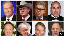 Beberapa tokoh ternama Amerika yang terguncang akibat terungkapnya skandal pelecehan seksual dalam tahun 2017, dari kiri (atas): Bill O'Reilly, Roy Moore, Senator Al Franken, Matt Lauer. Bawah, dari kiri: Kevin Spacey, James Levine, Charlie Rose dan produser film Harvey Weinstein.