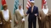 From left, Oman Foreign Minister Yusuf bin Alawi, Saudi Arabia Foreign Minister Adel al-Jubeir, Secretary of State John Kerry and Bahrain Foreign Minister Khalid bin Ahmed Al Khalifa, stand together at the start of the Gulf Cooperation Council (GCC) Ministerial meetings in Manama, Bahrain, April 7, 2016. 
