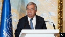 FILE - U.N. Secretary-General Antonio Guterres speaks after a summit on Afghanistan in Doha, Qatar, May 2, 2023.
