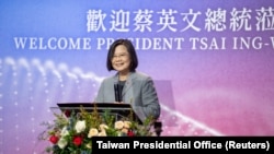 Taiwan's President Tsai Ing-wen speaks during an event with members of the Taiwanese community, in New York, U.S., in this handout picture released March 30, 2023.