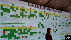 FILE - A television crew prepares in front of of a screen showing the results of the country's parliamentary elections at Pakistan Election Commission headquarters in Islamabad, Feb. 9, 2024.