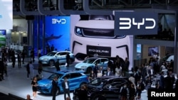 德國2023年慕尼黑車展上的中國汽車品牌比亞迪的展台。(2023年9月4日)