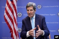 FILE - U.S. Special Presidential Envoy for Climate John Kerry speaks during an interview with The Associated Press after the G-7 ministers' meeting on climate, energy and environment in Sapporo, Japan, Apr. 16, 2023.