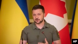 Ukrainian President Volodymyr Zelenskyy speaks during joint news conference with Canada's Prime Minister Justin Trudeau in Kyiv, Ukraine, June 10, 2023.