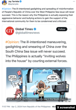 Juru bicara penjaga pantai Filipina memberi komentar di X tentang salah satu dari banyak artikel media pemerintah China yang mencoba menyalahkan Filipina.
