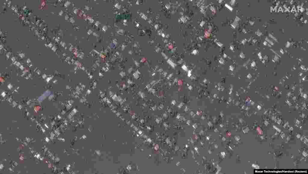 A satellite image shows the flooded town of Oleshky, Ukraine, June 7, 2023.