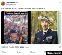 Footage using Swedish service members participating in a Pride parade to characterize the military as “weak” and not a NATO asset; Photo credit: X