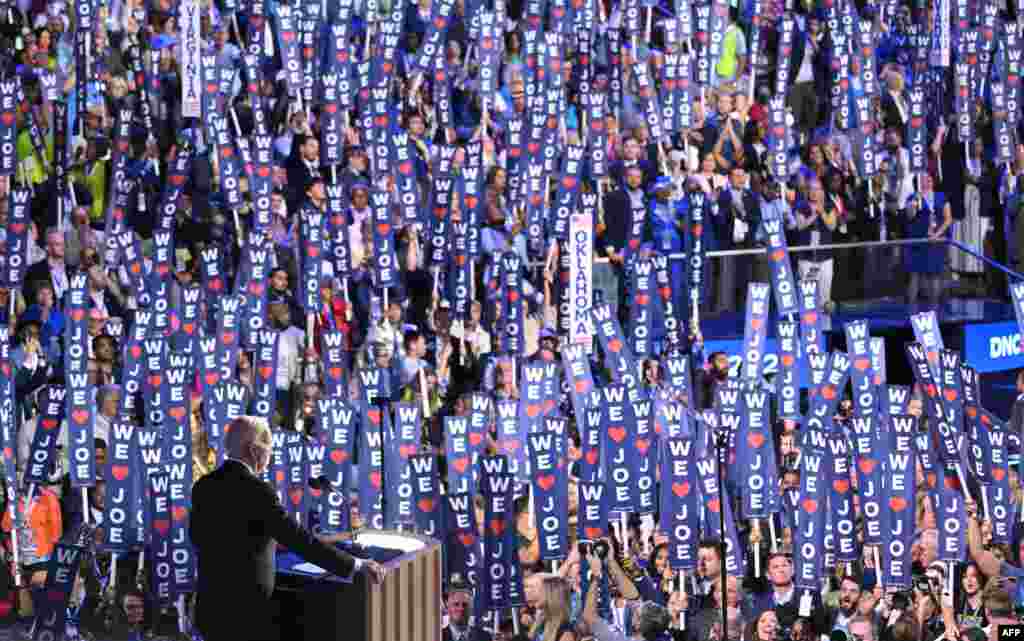 U.S. President Joe Biden speaks on stage on the first day of the Democratic National Convention (DNC) at the United Center in Chicago, Illinois, Aug. 19, 2024.