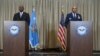 Menteri Pertahanan AS Lloyd Austin dan Jenderal AS Charles Q. Brown Jr., dalam konferensi pers di pangkalan udara Ramstein di Jerman, Selasa (19/3). 