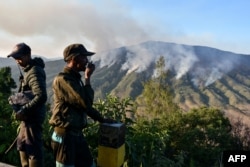 Petugas memantau kebakaran gunung yang terjadi sejak pertengahan Agustus saat musim kemarau di kawasan Taman Nasional Bromo Tengger Semeru, Jawa Timur, 9 September 2023. (Foto Aman ROCHMAN / AFP)