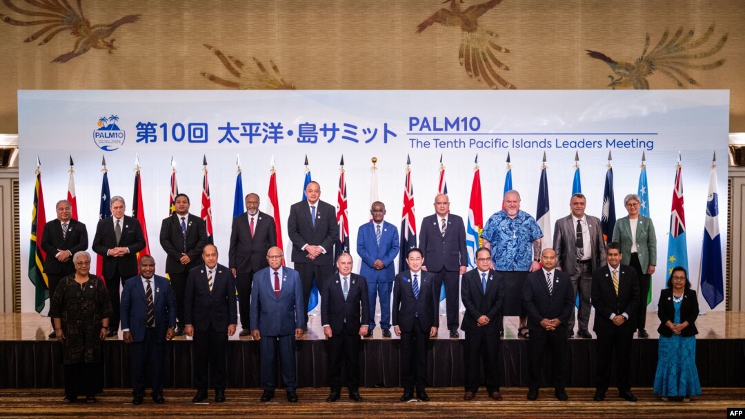 Leaders of Pacific island nations and territories pose for a group photo during the 10th Pacific Islands Leaders Meeting in Tokyo on July 18, 2024.