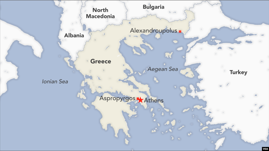 A map of Greece, showing the locations of Alexandroupolis, Athens, and Aspropyrgos.