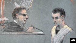 FILE - Massachusetts Air National Guardsman Jack Teixeira appears in U.S. District Court in Boston, April 14, 2023, in this courtoom sketch. Teixeira, accused of leaking classified military documents, pleaded guilty on March 4, 2024. 