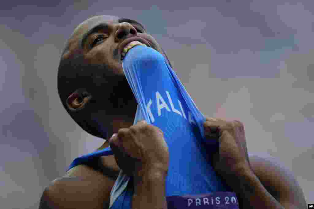 Diego Aldo Pettorossi of Italy reacts after his men's 200-meters repechage at the 2024 Summer Olympics in Saint-Denis, France.