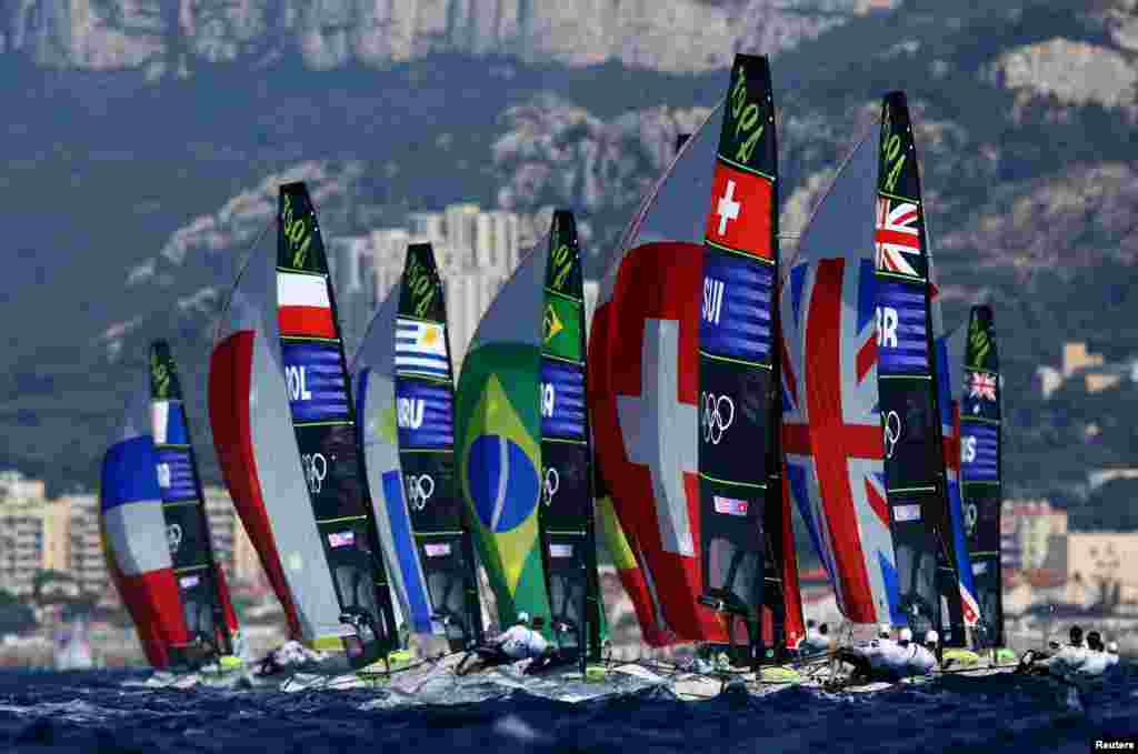Crews compete in men's skiff sailing even during the Paris 2024 Olympics sailing competition at the Marseille Marina, Marseille, France.
