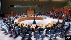 Anggota Dewan Keamanan PBB memilih untuk menyetujui resolusi pertamanya yang mendukung rencana gencatan senjata yang bertujuan mengakhiri perang delapan bulan antara Israel dan Hamas di Gaza, Senin, 10 Juni 2024. (Eskinder Debebe/PBB via AP)