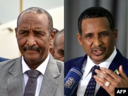 This combination of pictures created on April 18, 2023 shows General Abdel Fattah al-Burhan, the commander of Sudan's armed forces, left, in Juba on Oct. 14, 2019, and General Mohamed Hamdan Dagalo, who commands the paramilitary Rapid Support Forces, at Khartoum airport on March 2, 2022.