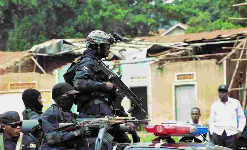 Uganda security forces patrol near the National Unity Platform (NUP) political party offices led by Robert Kyagulanyi, popularly known as Bobi Wine, in the suburb of Kampala.