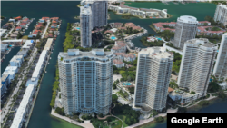 A 3D illustration on Google Earth of 2600 Island Blvd – Residence du Cap, left, the building where Abramov formerly owned a condominium in Aventura, Florida.