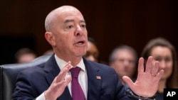FILE - Homeland Security Secretary Alejandro Mayorkas testifies during a hearing of the Senate Appropriations Committee on Capitol Hill, Nov. 8, 2023, in Washington. The House vote to impeach him failed on Feb. 6, 2024.