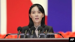 FILE - This photo provided by the North Korean government, Kim Yo Jong, sister of North Korean leader Kim Jong Un, delivers a speech in Pyongyang, North Korea, Aug. 10, 2022. 