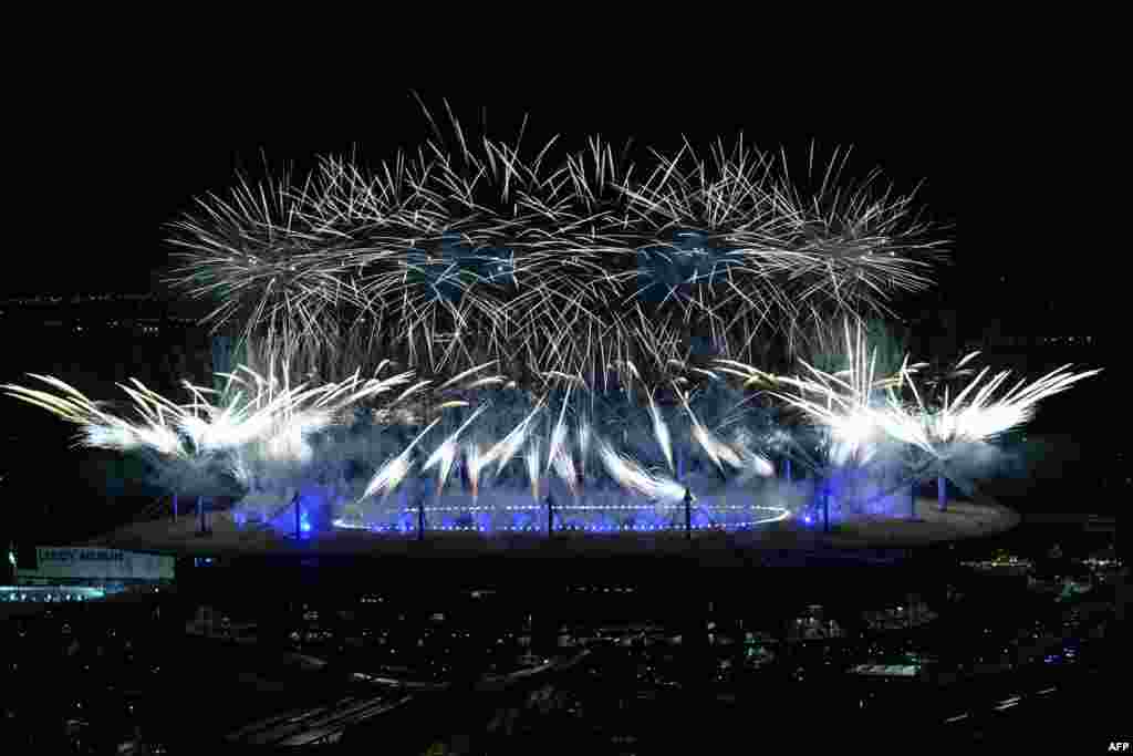 Fireworks iluminate the sky at the end of the closing ceremony of the Paris 2024 Olympic Games at the Stade de France, in Saint-Denis, in the outskirts of Paris, Aug. 11, 2024.