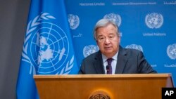 United Nations Secretary-General Antonio Guterres addresses the situation in Israel after an attack by Hamas during a news briefing at United Nations headquarters, Oct. 9, 2023.