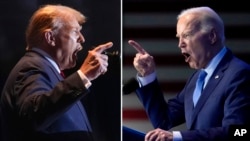 Kompilasi foto mantan Presiden Donald Trump, kiri, pada 24 Februari 2024, dan Presiden Joe Biden pada 27 Januari 2024. (Foto: AP)