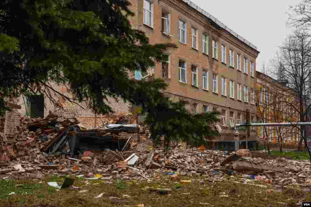 This school was partially destroyed after being hit by the Russian artillery in Chasiv Yar, Ukraine, on April 3, 2023. (Yan Boechat/VOA)