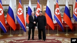俄羅斯總統普京與北韓領導人金正恩在平壤舉行會晤。 （2024年6月19日）