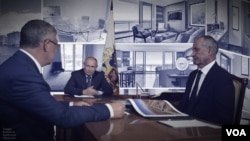 A photo collage shows Russian businessmen Valery Abramov, left, and Viktor Perevalov, right, meeting with Vladimir Putin. (Images courtesy: Kremlin.ru, Zillow.com, Redfin.com).