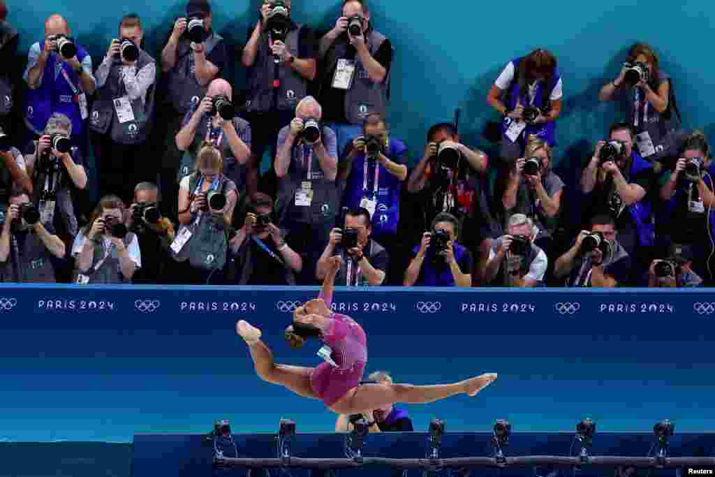 Rebeca Andrade of Brazil competes in the artistic gymnastics women's balance beam final during the Paris Olympics at the Bercy Arena in Paris.