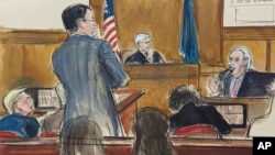 Former President Donald Trump, left, watches as David Pecker answers questions on the witness stand, far right, from assistant district attorney Joshua Steinglass, in Manhattan criminal court, April 23, 2024, in New York.