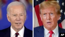 Foto kombinasi: Presiden Joe Biden berbicara di Milwaukee, 13 Maret 2024 (kiri) dan mantan Presiden Donald Trump berbicara di New York, 11 Januari 2024. (AP)