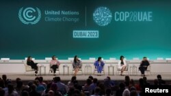 Former U.S. Secretary of State Hillary Clinton participates in an event on women's role in building a climate-resilient world, at COP28 World Climate Summit, in Dubai, United Arab Emirates, Dec. 4, 2023.