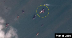 석도 인근 해상에서 선박 3척이 선체를 맞댄 모습(원 안). 사진=Planet Labs