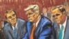 El ex presidente Donald Trump escucha cargos de documentos clasificados en su contra en la corte federal de Miami, junto con sus abogados Chris Kise y Todd Blanche en Miami, Florida, EEUU, el 13 de junio de 2023, de acuerdo a un boceto de la sala del tribunal.