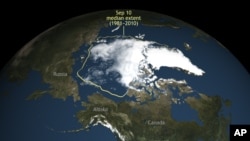 This image provided by the National Snow & Ice Data Center shows that Arctic sea ice in the summer of 2016 shrank to its second lowest level since scientists started to monitor it by satellite.