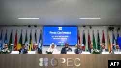 지난 5일 오스트리아 빈에서 열린 오펙플러스(OPEC+) 회의 직후 참석자들이 기자회견하고 있다. (자료사진)