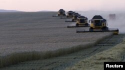 FILE - Combine harvesters work on a wheat field of the Solgonskoye farming company near the village of Talniki, southwest from Siberian city of Krasnoyarsk, Russia, Aug. 27, 2015. Russia is one of the world's top wheat exporters.