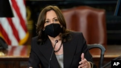 FILE - Vice President Kamala Harris speaks during a Cabinet meeting at the White House complex in Washington, , April 13, 2022.