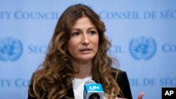 Emine Dzhaparova, first deputy foreign minister of Ukraine, speaks outside the Security Council chambers at United Nations headquarters, Jan. 12, 2023.