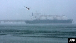 FILE - Seekor burung camar terbang melewati kapal tanker di dekat pabrik gas alam cair di pulau Sakhalin di luar kota Korsakov, Rusia, 16 Februari 2009. Prancis dan sembilan negara lainnya meminta Komisi Eropa untuk mengusulkan kewajiban pelaporan yang lebih ketat pada LNG Rusia.