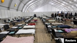 A general view of a humanitarian aid tent for people fleeing Ukraine, amid Russia's invasion, in Warsaw, Poland, March 22, 2022.