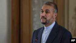 FILE - Iranian Foreign Minister Hossein Amirabdollahian speaks at a press briefing in Tehran, Iran, Feb. 23, 2022. 