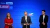 Anthony Albanese, leader of Australia's Labor Party is accompanied by his partner Jodie Haydon and son Nathan Albanese while he addresses his supporters, Sydney, Australia, May 21, 2022.