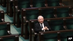 Jaroslaw Kaczynski, leader of the conservative ruling party Law and Justice, takes part in a parliamentary session in Warsaw, Poland, April 3, 2020. 