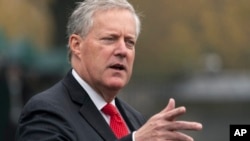 FILE - Mark Meadows speaks with reporters at the White House, Oct. 21, 2020, in Washington. Meadows, chief of staff for former President Donald Trump, was among those indicted Wednesday, April 24, 2024, in an Arizona election interference case. 