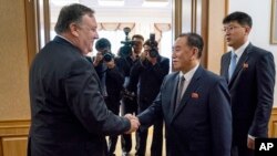 U.S. Secretary of State Mike Pompeo meets with Kim Yong Chol, second from right, a North Korean senior ruling party official and former intelligence chief, for a second day of talks at the Park Hwa Guest House in Pyongyang, North Korea, Saturday, July 7, 2018.